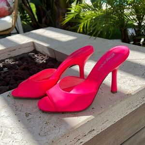 Bright pink Barbie heeled mules sandals